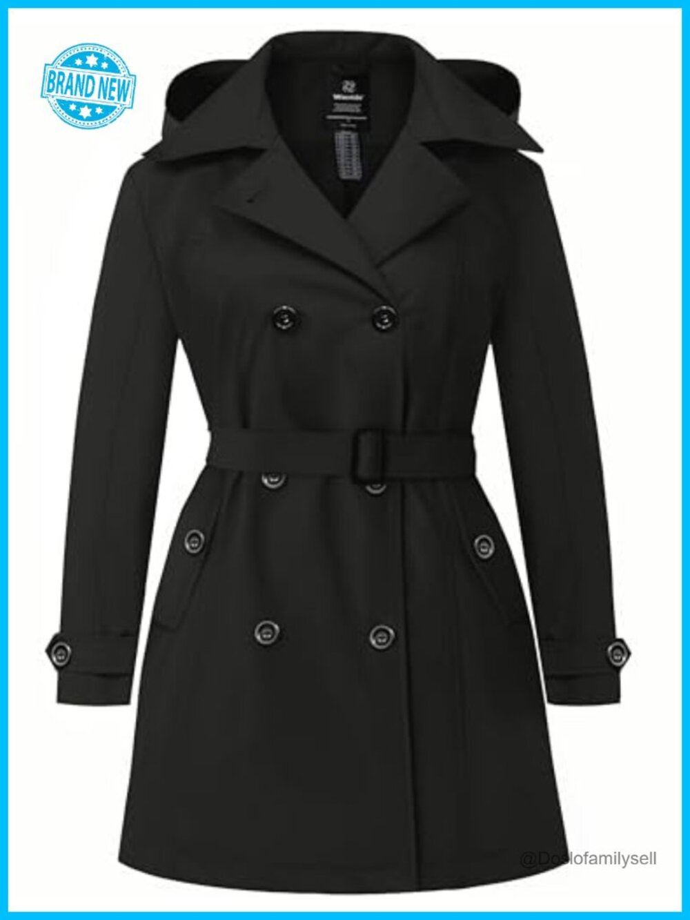 Plus Size Waterproof Trench Coat with Hood Removable Belt